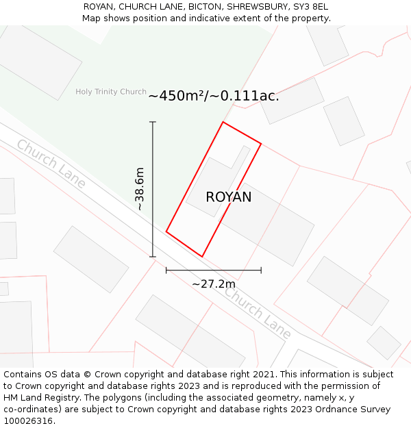 ROYAN, CHURCH LANE, BICTON, SHREWSBURY, SY3 8EL: Plot and title map
