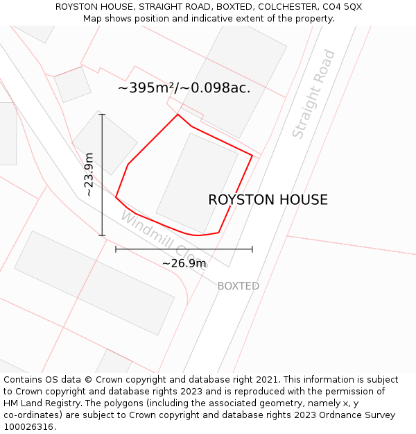 ROYSTON HOUSE, STRAIGHT ROAD, BOXTED, COLCHESTER, CO4 5QX: Plot and title map