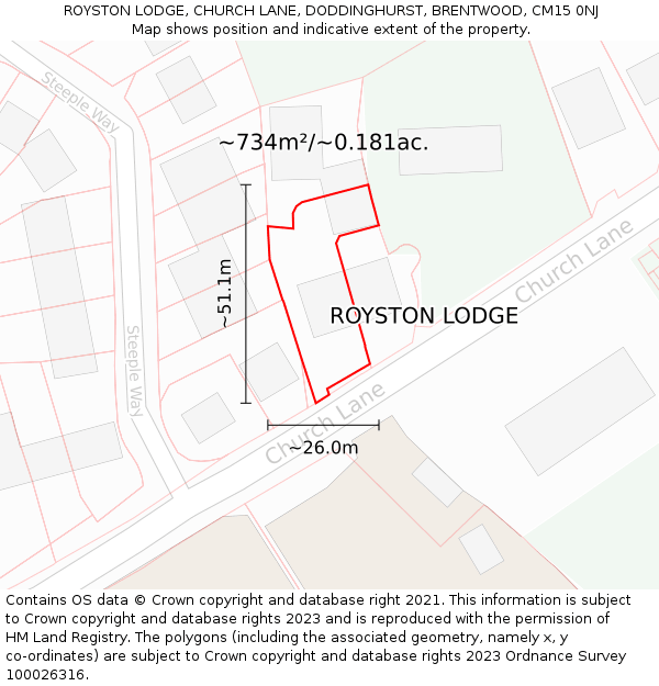 ROYSTON LODGE, CHURCH LANE, DODDINGHURST, BRENTWOOD, CM15 0NJ: Plot and title map