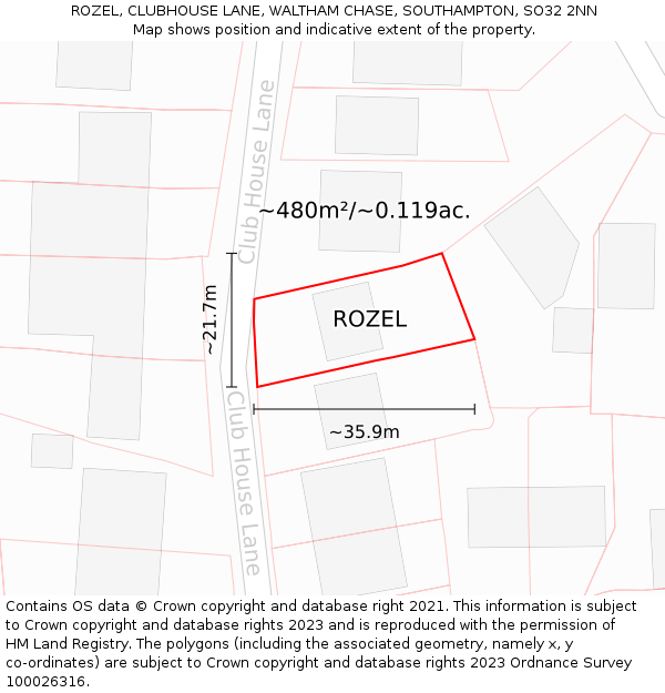 ROZEL, CLUBHOUSE LANE, WALTHAM CHASE, SOUTHAMPTON, SO32 2NN: Plot and title map