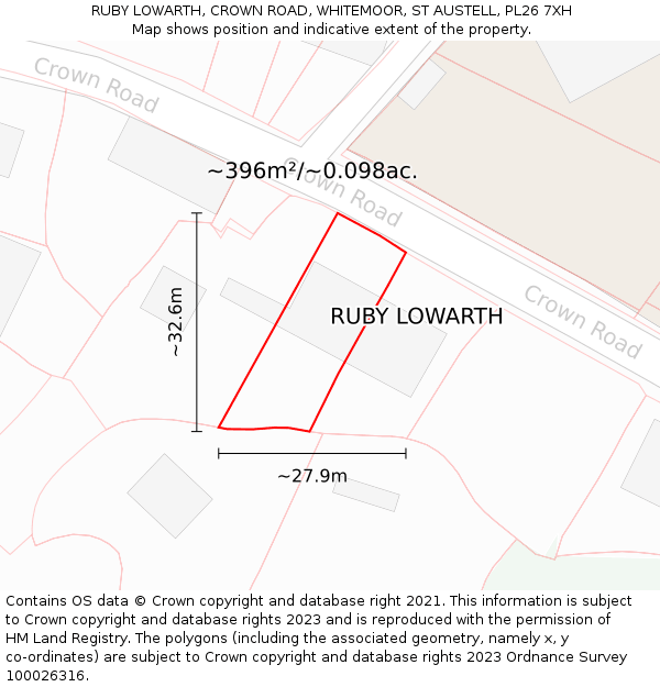 RUBY LOWARTH, CROWN ROAD, WHITEMOOR, ST AUSTELL, PL26 7XH: Plot and title map