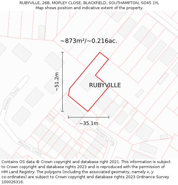 RUBYVILLE, 26B, MOPLEY CLOSE, BLACKFIELD, SOUTHAMPTON, SO45 1YL: Plot and title map