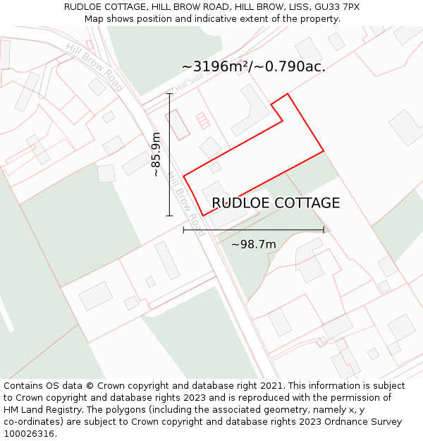 RUDLOE COTTAGE, HILL BROW ROAD, HILL BROW, LISS, GU33 7PX: Plot and title map