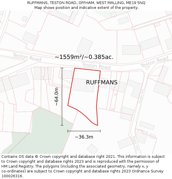 RUFFMANS, TESTON ROAD, OFFHAM, WEST MALLING, ME19 5NQ: Plot and title map