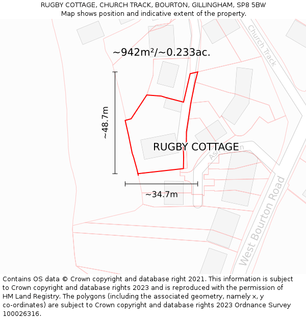 RUGBY COTTAGE, CHURCH TRACK, BOURTON, GILLINGHAM, SP8 5BW: Plot and title map