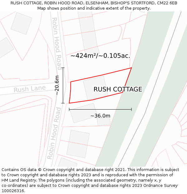 RUSH COTTAGE, ROBIN HOOD ROAD, ELSENHAM, BISHOP'S STORTFORD, CM22 6EB: Plot and title map