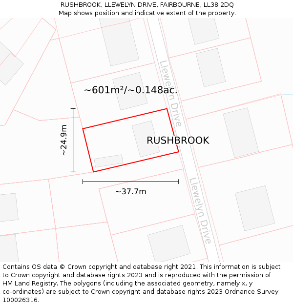 RUSHBROOK, LLEWELYN DRIVE, FAIRBOURNE, LL38 2DQ: Plot and title map