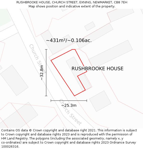 RUSHBROOKE HOUSE, CHURCH STREET, EXNING, NEWMARKET, CB8 7EH: Plot and title map