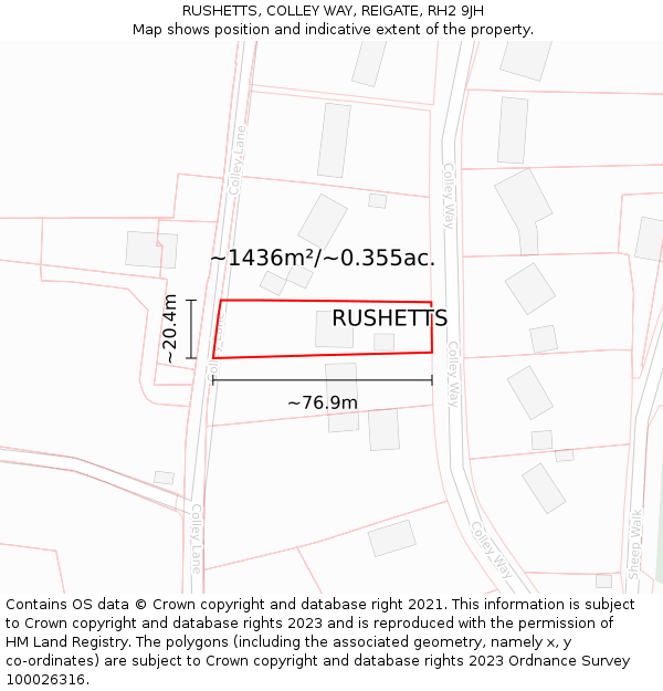 RUSHETTS, COLLEY WAY, REIGATE, RH2 9JH: Plot and title map