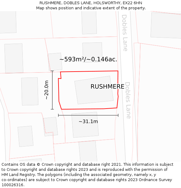 RUSHMERE, DOBLES LANE, HOLSWORTHY, EX22 6HN: Plot and title map