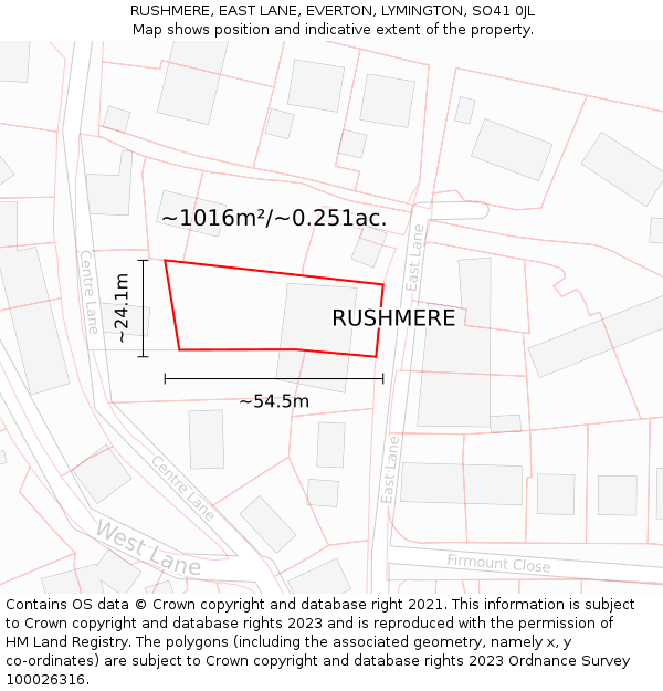 RUSHMERE, EAST LANE, EVERTON, LYMINGTON, SO41 0JL: Plot and title map