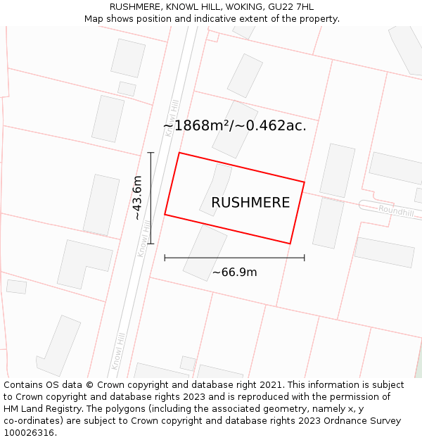 RUSHMERE, KNOWL HILL, WOKING, GU22 7HL: Plot and title map