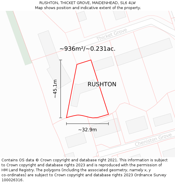 RUSHTON, THICKET GROVE, MAIDENHEAD, SL6 4LW: Plot and title map