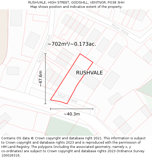 RUSHVALE, HIGH STREET, GODSHILL, VENTNOR, PO38 3HH: Plot and title map