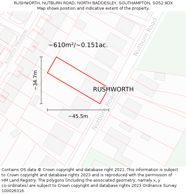 RUSHWORTH, NUTBURN ROAD, NORTH BADDESLEY, SOUTHAMPTON, SO52 9DX: Plot and title map