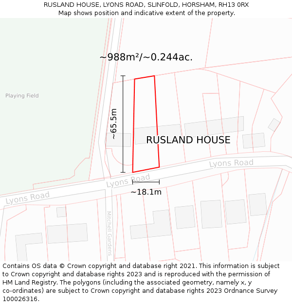 RUSLAND HOUSE, LYONS ROAD, SLINFOLD, HORSHAM, RH13 0RX: Plot and title map