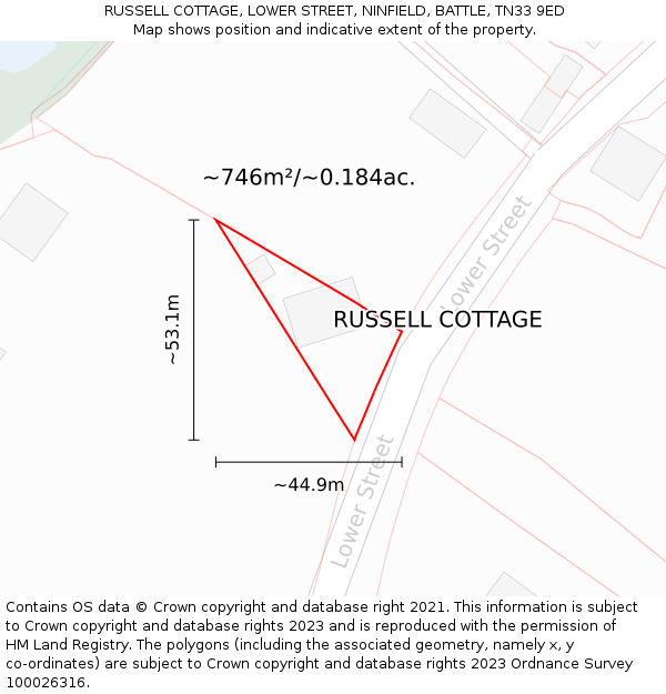 RUSSELL COTTAGE, LOWER STREET, NINFIELD, BATTLE, TN33 9ED: Plot and title map