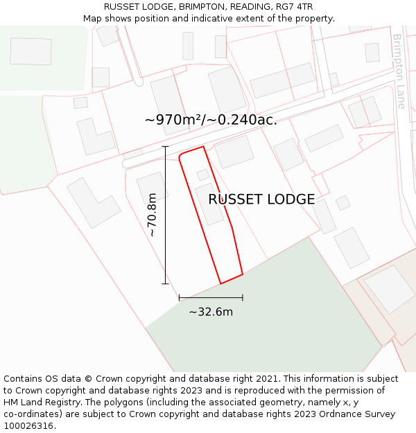 RUSSET LODGE, BRIMPTON, READING, RG7 4TR: Plot and title map