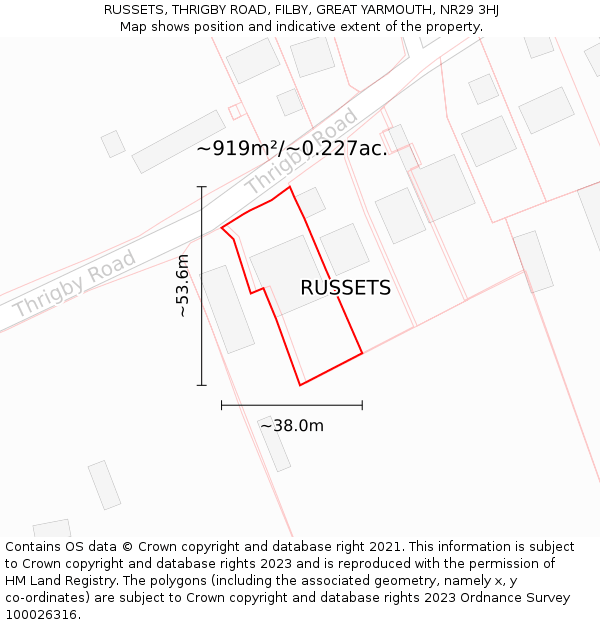 RUSSETS, THRIGBY ROAD, FILBY, GREAT YARMOUTH, NR29 3HJ: Plot and title map