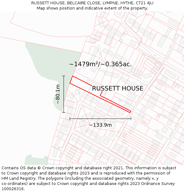 RUSSETT HOUSE, BELCAIRE CLOSE, LYMPNE, HYTHE, CT21 4JU: Plot and title map