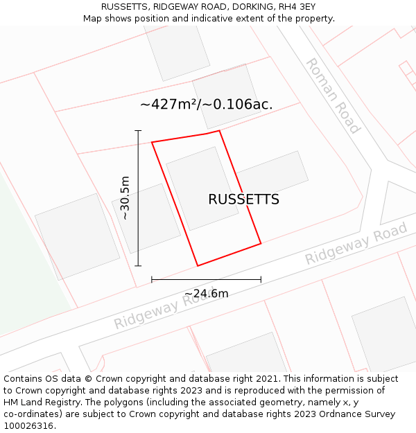 RUSSETTS, RIDGEWAY ROAD, DORKING, RH4 3EY: Plot and title map
