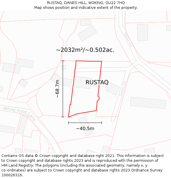 RUSTAQ, DANES HILL, WOKING, GU22 7HQ: Plot and title map