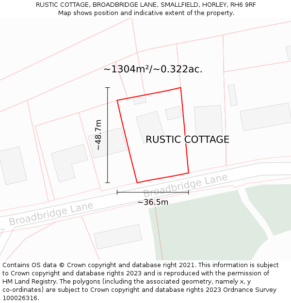 RUSTIC COTTAGE, BROADBRIDGE LANE, SMALLFIELD, HORLEY, RH6 9RF: Plot and title map