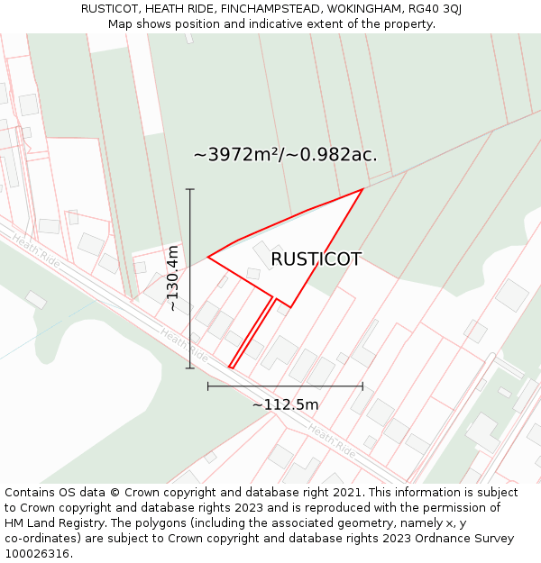RUSTICOT, HEATH RIDE, FINCHAMPSTEAD, WOKINGHAM, RG40 3QJ: Plot and title map