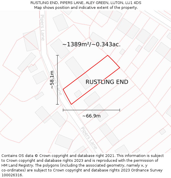 RUSTLING END, PIPERS LANE, ALEY GREEN, LUTON, LU1 4DS: Plot and title map