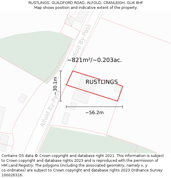 RUSTLINGS, GUILDFORD ROAD, ALFOLD, CRANLEIGH, GU6 8HF: Plot and title map
