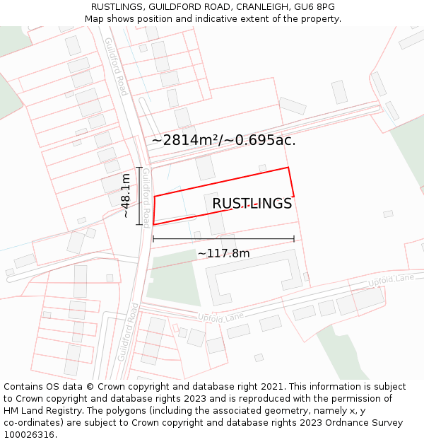 RUSTLINGS, GUILDFORD ROAD, CRANLEIGH, GU6 8PG: Plot and title map