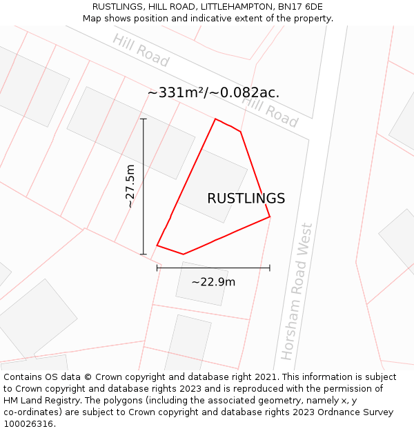 RUSTLINGS, HILL ROAD, LITTLEHAMPTON, BN17 6DE: Plot and title map