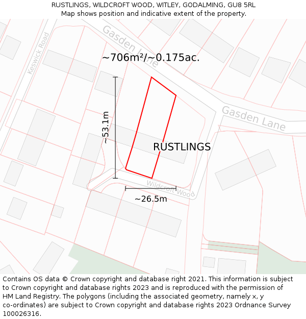 RUSTLINGS, WILDCROFT WOOD, WITLEY, GODALMING, GU8 5RL: Plot and title map