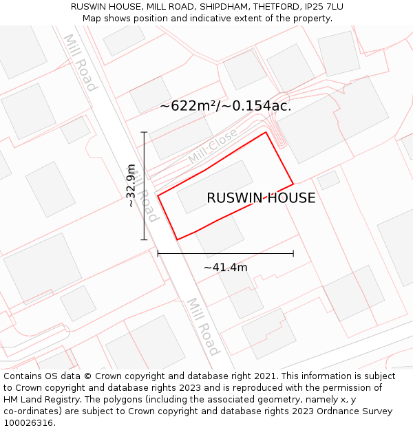 RUSWIN HOUSE, MILL ROAD, SHIPDHAM, THETFORD, IP25 7LU: Plot and title map