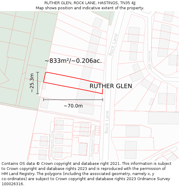 RUTHER GLEN, ROCK LANE, HASTINGS, TN35 4JJ: Plot and title map