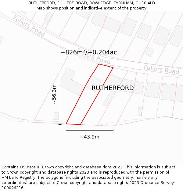 RUTHERFORD, FULLERS ROAD, ROWLEDGE, FARNHAM, GU10 4LB: Plot and title map
