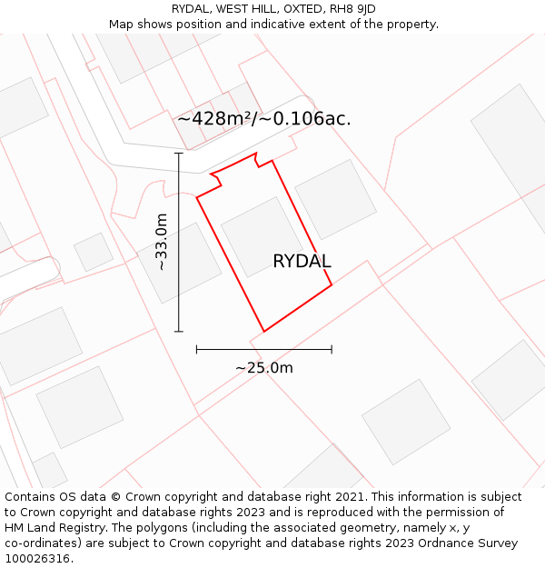 RYDAL, WEST HILL, OXTED, RH8 9JD: Plot and title map