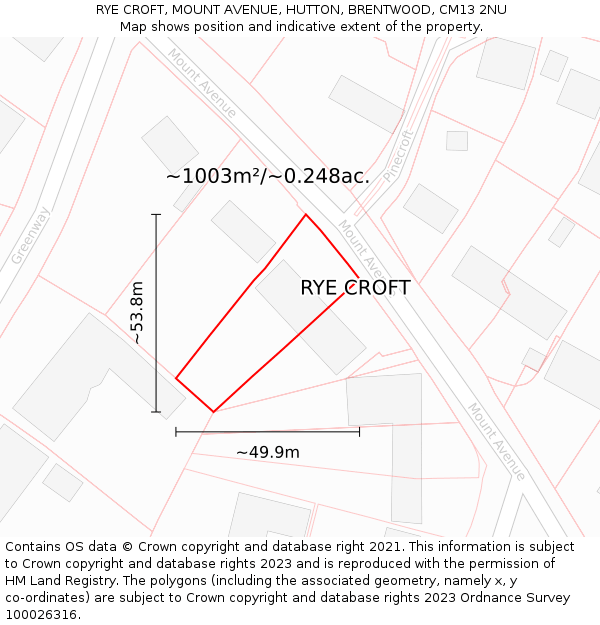 RYE CROFT, MOUNT AVENUE, HUTTON, BRENTWOOD, CM13 2NU: Plot and title map