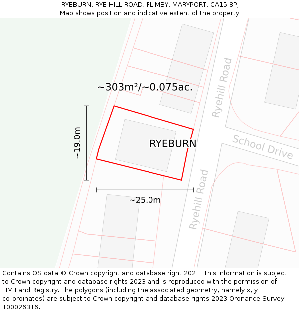 RYEBURN, RYE HILL ROAD, FLIMBY, MARYPORT, CA15 8PJ: Plot and title map