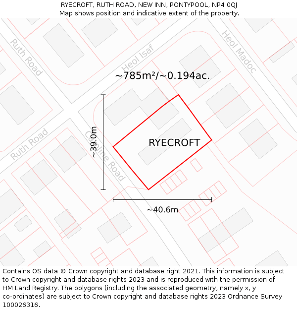 RYECROFT, RUTH ROAD, NEW INN, PONTYPOOL, NP4 0QJ: Plot and title map
