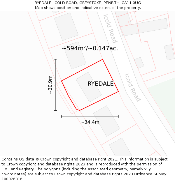 RYEDALE, ICOLD ROAD, GREYSTOKE, PENRITH, CA11 0UG: Plot and title map