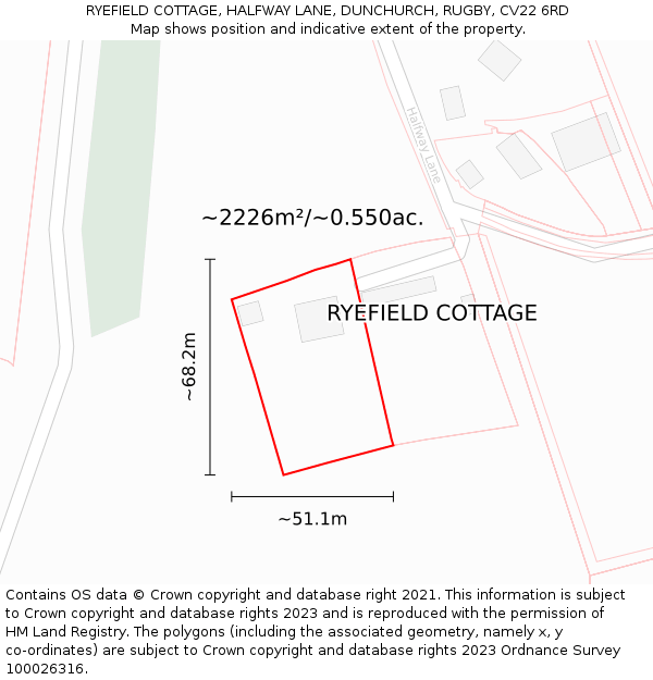 RYEFIELD COTTAGE, HALFWAY LANE, DUNCHURCH, RUGBY, CV22 6RD: Plot and title map