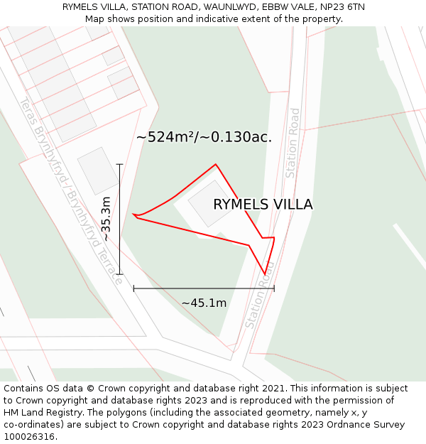 RYMELS VILLA, STATION ROAD, WAUNLWYD, EBBW VALE, NP23 6TN: Plot and title map