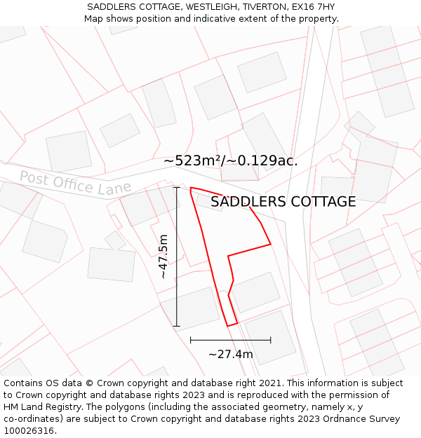 SADDLERS COTTAGE, WESTLEIGH, TIVERTON, EX16 7HY: Plot and title map