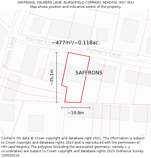 SAFFRONS, PALMERS LANE, BURGHFIELD COMMON, READING, RG7 3DU: Plot and title map