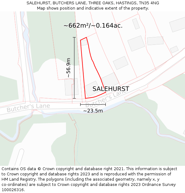 SALEHURST, BUTCHERS LANE, THREE OAKS, HASTINGS, TN35 4NG: Plot and title map