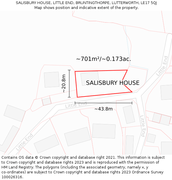 SALISBURY HOUSE, LITTLE END, BRUNTINGTHORPE, LUTTERWORTH, LE17 5QJ: Plot and title map