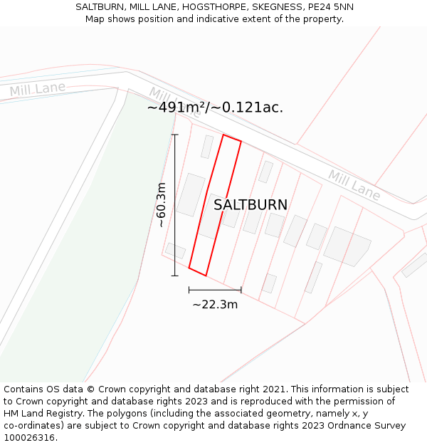 SALTBURN, MILL LANE, HOGSTHORPE, SKEGNESS, PE24 5NN: Plot and title map