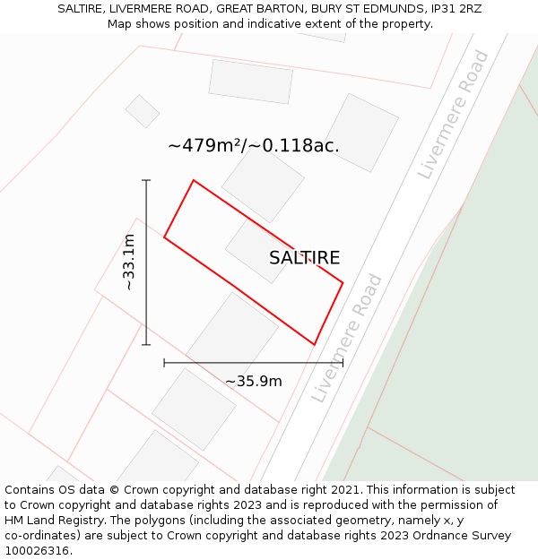 SALTIRE, LIVERMERE ROAD, GREAT BARTON, BURY ST EDMUNDS, IP31 2RZ: Plot and title map
