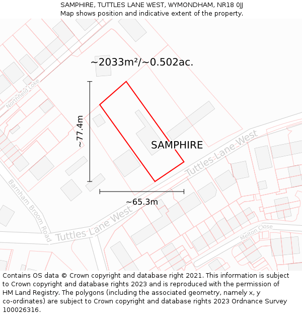 SAMPHIRE, TUTTLES LANE WEST, WYMONDHAM, NR18 0JJ: Plot and title map